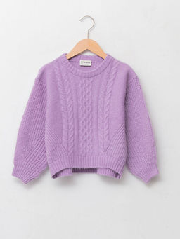 Bisiklet Yaka Sa? ?rg?s? Desenli Uzun Kollu K?z ?ocuk Triko Kazak