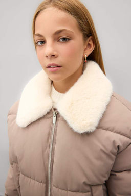 Пуховое пальто с воротником из искусственного меха для девочек, ветрозащитное пальто на молнии - Defacto фото 4