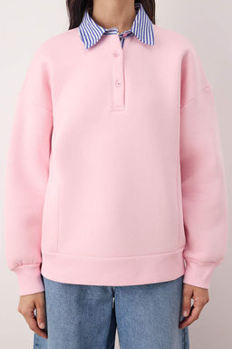 Pembe Dokuma Garni Detayl? Oversize Kal?p Polo Yaka Kal?n Polarl? Orme Sweatshirt TWOAW26SW00116