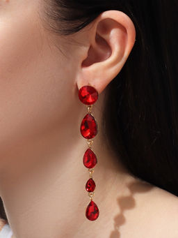 Серьги висячие со стразами Драгоценность капли, красные в золоте, 9.5 см