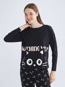 Bisiklet Yaka Bask?l? Kad?n Pijama ?st