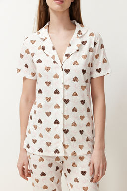Ekru %100 Pamuklu Kalpli Orme Pijama Tak?m? THMSS24PT00338