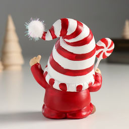 Фигурка полистоун «Дед Мороз в белом колпаке в красную полоску, с леденцом», 9×6.5×10 см