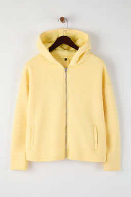 Ac?k Sar? Kal?n Ici Polarl? Kapusonlu Fermuarl? Oversize/Genis Kesim Orme Sweatshirt TWOAW26SW00111