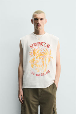 CAMISETA TANK PUNTO LAVADO ESTAMPADO / Blanco roto