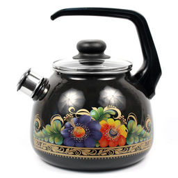 "Вологда" Чайник эмалированный 3л, д20см, h16см, со свистком, сферическая форма, стеклянная крышка, черный (Россия)