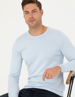 A__k Mavi Slim Fit Bisiklet Yaka Basic Triko Kazak