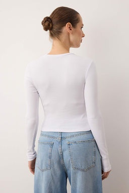 Siyah-Beyaz 2li Paket Fitted/Vucuda Oturan Bisiklet Yaka Crop Fitilli Esnek Orme Bluz TWOAW22BZ0331