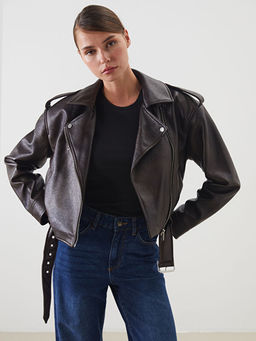 Biker Yaka Kemerli Kad?n Deri G?r?n?ml? Ceket