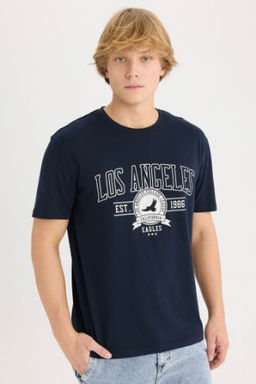 Regular Fit Bisiklet Yaka Bask?l? K?sa Kollu Tisort