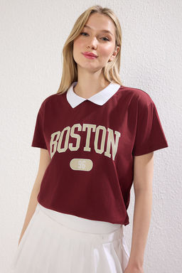 TRENDYOLMILLA Kahvererengi %100 Pamuk Sehir Bask?l? Rahat Kesim Basic Polo Yaka Orme T-Shirt TWOSS21TS3424