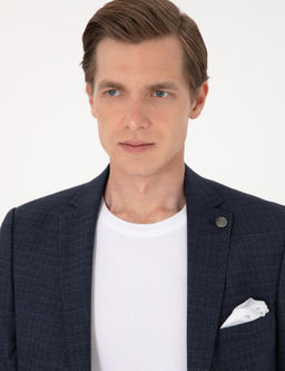 Lacivert Ex. Slim Fit Y_n Kar___ml_ Ekose Tak_m Elbise