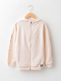 Kap??onlu Bask?l? Uzun Kollu Erkek ?ocuk Fermuarl? Sweatshirt
