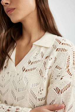 Свитер крючком Relax Fit с воротником-поло - Defacto фото 3