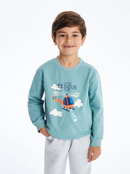 Bisiklet Yaka Bask?l? Erkek Bebek Sweatshirt