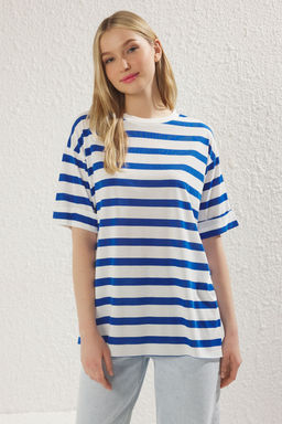 Mavi Cizgili Duble Kol Asimetrik Boyfriend Orme T-Shirt TWOSS20TS0828