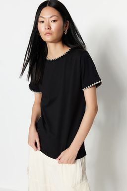 Siyah %100 Pamuk Kontrast Dikis Detayl? Basic Bisiklet Yaka Orme T-Shirt TWOSS19AD0085