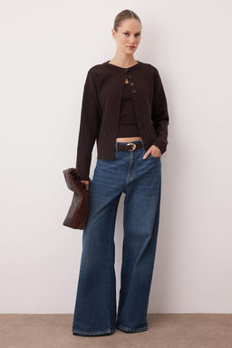 Kahverengi 2li Premium Iplik/Ozel Iplik Bisiklet Yaka Basic Triko H?rka-Bluz Tak?m TWOAW26HI00124