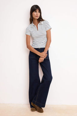 Lacivert Cizgili Normal Kal?p Polo Yaka Fermuarl? Crop Yumusak Orme Bluz TWOSS26TS00025