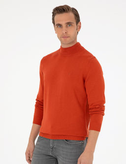 Turuncu Slim Fit Yar_m Bal_k__ Yaka Basic Triko Kazak