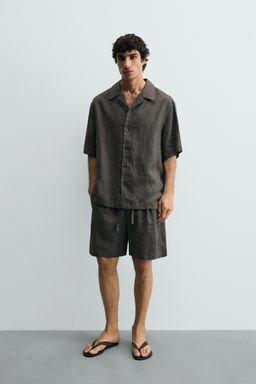 Рубашка CAMISA RELAXED FIT LINO льняная темно-зеленая