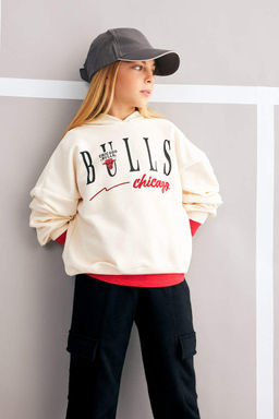 Толстовка свободного кроя с капюшоном NBA Chicago Bulls для девочек - Defacto фото 3