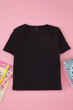 Siyah K?z Cocuk Pamuklu Basic Regular Kal?p Cut-Out Detayl? K?sa Kol Orme T-Shirt TKDSS25TS00022 - Trendyolmilla фото 5