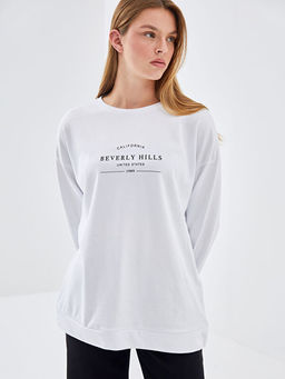 Bisiklet Yaka Bask?l? Oversize Kad?n Kal?n Sweatshirt