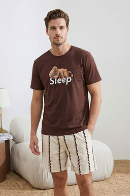 Unisex Kahverengi Regular Fit Ay_c_k Bask_l_ Pamuklu Pijama Tak_m_ TMNSS26PT00017 - Trendyolmilla фото 2