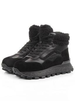 04-WG042-1M BLACK Кроссовки зимние женские (натуральная кожа, натуральная замша, 100% шерсть)