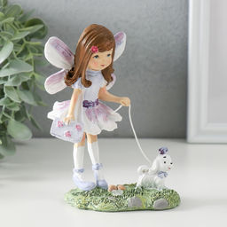 Фигурка полистоун Малышка в сиреневом платье с крыльями, выгуливает собачку, 10?7?13 см