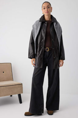 Wardrobe Essentials Koyu Kahverengi Suni Deri Oversize Midi Trenckot TWOAW26TR00009