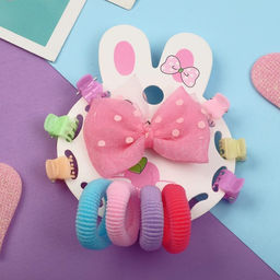 Цена за 6 шт. Набор для волос 11 шт Машенька бантик розовый сеточка (1 зажим,4 резики,6 крабов)