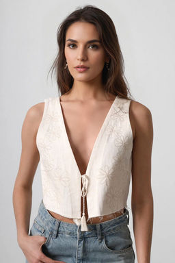 TRENDYOLMILLA Bej Regular Dantelli V Yaka Onu Baglama Detayl? Crop Yelek TWOSS25YE00041