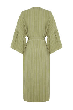 Haki Kusakl? Maxi Dokuma Volanl? Keten Kar?s?ml? Plaj Kimono&Kaftan TBESS23KM00028