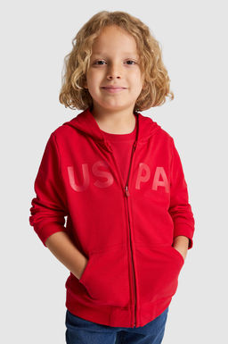 Erkek _ocuk K_rm_z_ Kap__onlu Fermuarl_ Basic Sweatshirt
