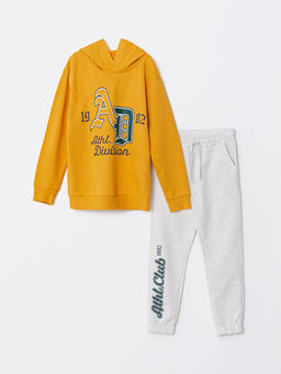 Kap??onlu Bask?l? Uzun Kollu Erkek ?ocuk Sweatshirt ve E?ofman Alt?