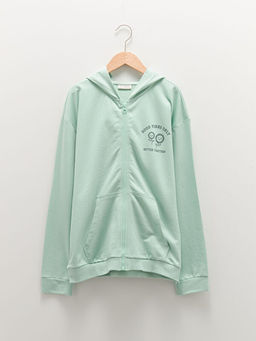 Kap??onlu Bask?l? Uzun Kollu K?z ?ocuk Fermuarl? Sweatshirt