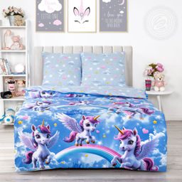 Постельное белье Единорожки (поплин детский) 1,5 сп./Пододеяльник: 1 шт. - 215*145; Простыня: 1 шт. - 214*150; Наволочка: 2 шт. - 70*70; Поплин детский
