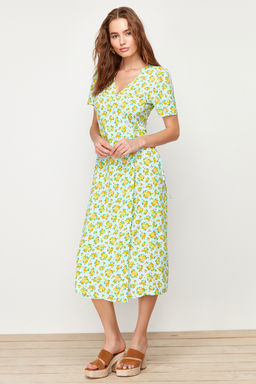 Cok Renkli Cicekli Kruvaze Midi Dokuma Elbise TWOSS24EL00492