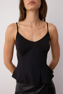 Siyah Ask?l? Kumas Mix Fitted Peplum Dokuma Bluz TWOAW26BZ00143