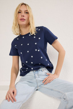 Lacivert Kal?n Pamuklu Varak Y?ld?z Bask?l? Regular/Normal Kal?p Orme T-Shirt TWOSS20TS0757