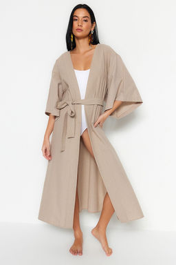 Bej Kusakl? Maxi Dokuma Keten Gorunumlu Plaj Kimono&Kaftan TBESS23KM00058 - Trendyolmilla фото 3