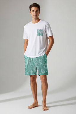 TRENDYOL MAN Ekru Mavi Bask?l? Regular Fit Couple/Cift Orme Sortlu Pijama Tak?m? TMNSS24PT00018