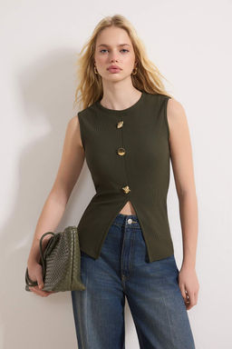 Haki Aksesuar Dugmeli Bisiklet Yaka Regular Boy Yelek Orme Bluz TWOSS25BZ00558