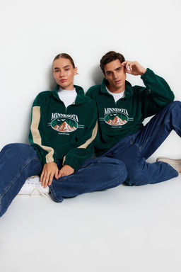 Zumrut Yesili Unisex Oversize/Genis Kesim Dik Yaka Anti-pilling Polar Sweatshirt TMNAW24SW00034