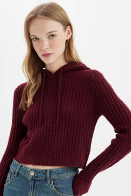 Regular Fit Basic Duz Kapusonlu Crop Triko Kazak