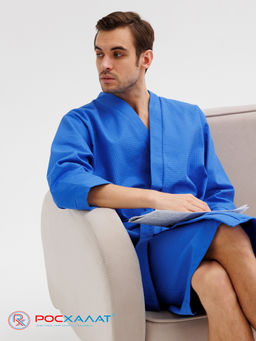 Мужской укороченный вафельный халат с планкой синий В-05 (16)