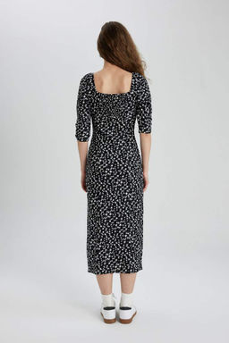 Приталенное платье миди с квадратным вырезом и цветочным запахом, до половины рукава - Defacto фото 5