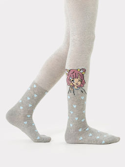 Цена за 3 пары! Колготки для девочек серые с рисунком в виде аниме и сердечек